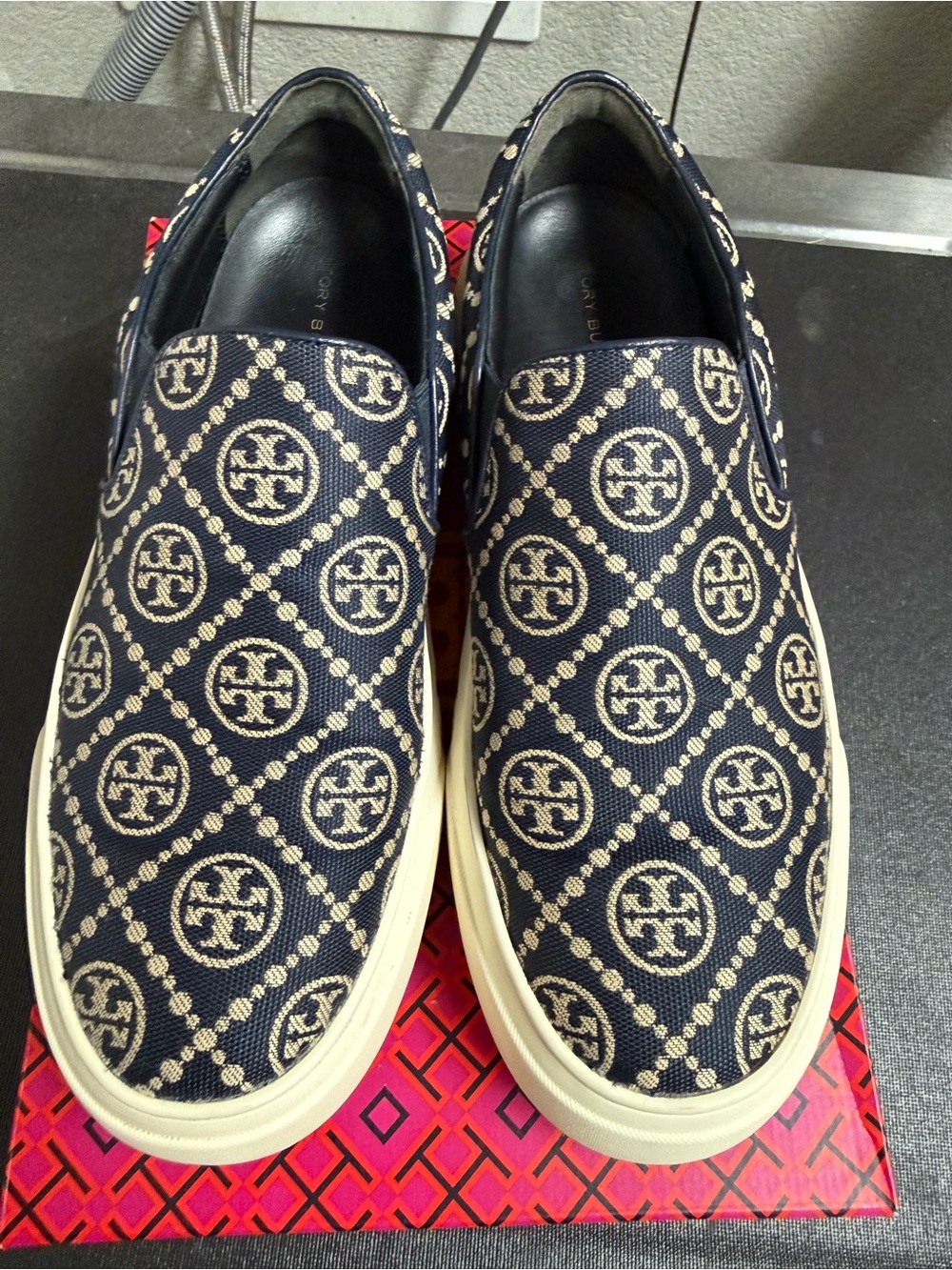 Tory Burch Ladybug Navy and Cream Monogram Slip-On Sneakers